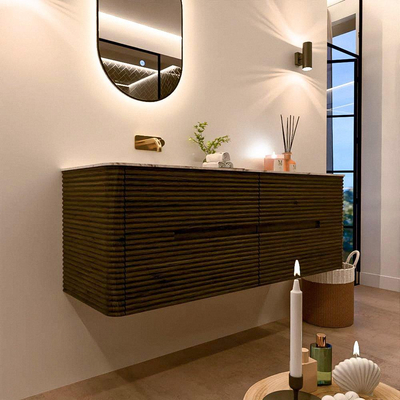 Mondiaz CIRO-DLUX Ensemble meuble de salle de bains - 140x45x50cm - Plan-vasque solid surface Meli - 1 vasque à gauche - sans trous de robinet - 4 tiroirs - Shadow