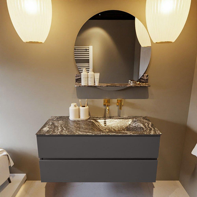 Mondiaz VICA-DLUX ensemble de meuble de salle de bain - 110cm - meuble sous-vasque gris foncé - 2 tiroirs - lavabo encastré cloud droite - sans trous de robinet - miroir modèle spot - version XL 60cm de haut - lave