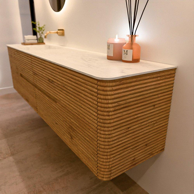 Mondiaz CIRO-DLUX Ensemble de meubles de salle de bains - 190x45x50cm - Plan vasque solid surface Opalo - 1 lavabo à gauche - sans trous de robinet - 4 tiroirs - Chêne