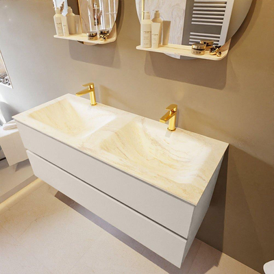 Mondiaz VICA-DLUX Ensemble de meuble de salle de bain - 120cm - meuble sous-vasque lin - 2 tiroirs - lavabo encastrée cloud double - 2 trous de robinet - version haute de 60cm - ostra