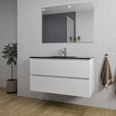 Saniclass Chaci Meuble de salle de bain - 100x45x55cm - lavabo en céramique noir mat - 1 vasque - 1 trou de robinet - 2 tiroirs - blanc mat