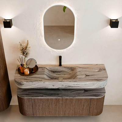 MONDIAZ THOR-DLUX 140cm badmeubel ronding links + rechts kleur Walnut met 1 lade en 2 deuren. Vrijhangende wastafel CLOUD Midden 1 kraangat kleur Sombra.