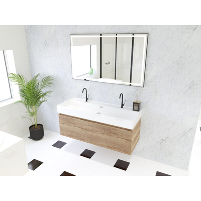 HR Matrix ensemble meuble de salle de bain 3d 120cm 1 tiroir sans poignée avec bandeau de poignée en couleur chêne français avec vasque kube 2 trous de robinetterie blanc