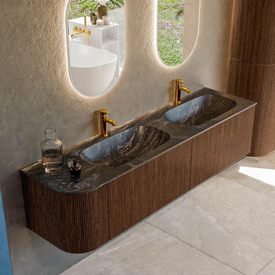 MONDIAZ KURVE-DLUX Meuble de salle de bains 175cm avec module 25 L couleur Walnut avec 2 tiroirs et 1 porte. Lavabo STOR SMALL double / à droite 2 trous de robinet couleur Lava.
