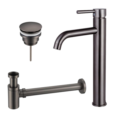 FugaFlow Eccelente Sobrado Kit mitigeur lavabo - robinet rehaussé - bonde clic clac - siphon design bas - PVD Gunmetal