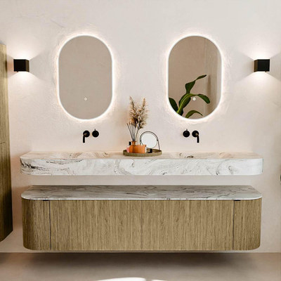 MONDIAZ THOR-DLUX Meuble de salle de bains - 190cm - arrondi gauche + droite - couleur Dusk - 2 tiroirs et 2 portes - Vasque suspendue CLOUD Double sans trou de robinet - couleur Glace