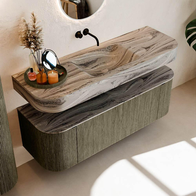 MONDIAZ THOR-DLUX 140cm badmeubel ronding links + rechts kleur Shadow met 1 lade en 2 deuren. Vrijhangende wastafel CLOUD Midden zonder kraangat kleur Sombra.