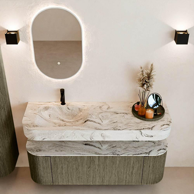 MONDIAZ THOR-DLUX 140cm meuble de salle de bains arrondi gauche + droite couleur Shadow avec 1 tiroir et 2 portes. Vasque suspendue CLOUD Gauche 1 trou de robinet couleur Glace.