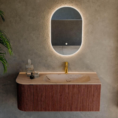 MONDIAZ KURVE-DLUX Meuble de salle de bains 115cm arrondi à gauche couleur Ruby avec 1 tiroir et 1 porte. Lavabo BIG SMALL à droite 1 trou de robinet Arena.