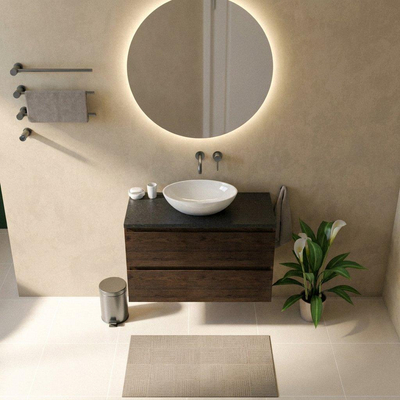 Saniclass Holz Pure Ensemble de meubles de salle de bains - 100x45x63cm - Plan vasque en basalte Noche poli (noir) - sans trou de robinet - 2 tiroirs - chêne charcoal mat (bois)