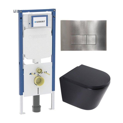 QeramiQ Dely Toiletset - 36.3x51.7cm - diepspoel - rimless - Geberit UP720 inbouwreservoir - softclose toilet zitting 35 mm - steel bedieningsplaat - rechthoekige knoppen - mat zwart