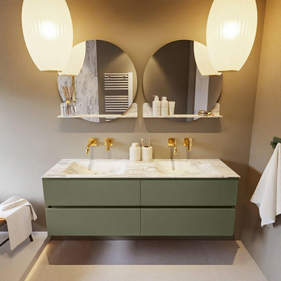 Mondiaz VICA-DLUX Ensemble de meuble de salle de bain - 150cm - meuble sous-vasque armée - 4 tiroirs - lavabo encastrée nuage double - sans trous de robinet - version haute de 60cm - glace