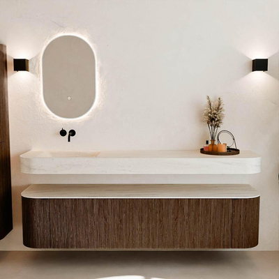 MONDIAZ THOR-DLUX Meuble de salle de bains - 190cm - arrondi gauche + droite - couleur Walnut - 2 tiroirs et 2 portes - Vasque suspendue CLOUD Gauche sans trou de robinet - couleur Meli