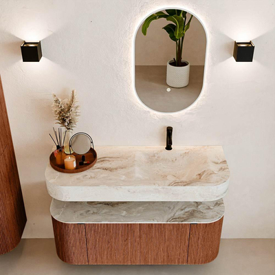 MONDIAZ THOR-DLUX 120cm meuble de salle de bains arrondi gauche + droite couleur Ruby avec 1 tiroir et 2 portes. Vasque suspendue CLOUD Droite 1 trou de robinet couleur Frappe.