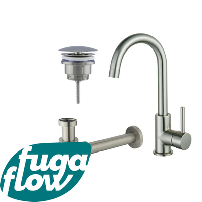 FugaFlow Eccelente Sobrado Badkamer Wastafelkraanset - hoge wastafelkraan - draaibare uitloop - always open plug - verlaagde design sifon - PVD Geborsteld RVS - Black Friday -