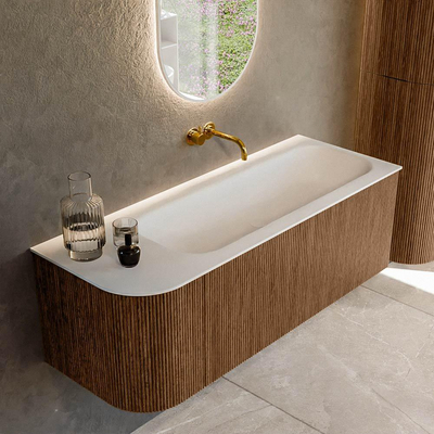 MONDIAZ KURVE 125cm Meuble salle de bain avec module 25 G - couleur Walnut - 1 tiroir - 1 porte - vasque BIG MEDIUM droite - sans trous de robinet - Talc