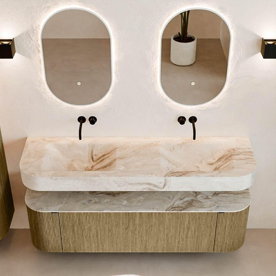 MONDIAZ THOR-DLUX 160cm meuble de salle de bains arrondi gauche + droite couleur Dusk avec 1 tiroir et 2 portes. Vasque suspendue CLOUD Double sans trou de robinet couleur Frappe.