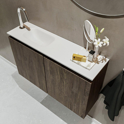 MONDIAZ TURE Kit lave-mains - 80x23x50cm - 1 trou de robinet - 2 portes - marron foncé mat - Lavabo à gauche - Acrylique Blanc