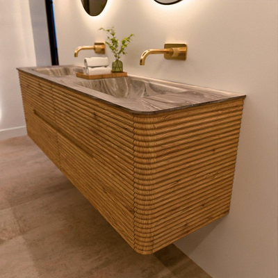 Mondiaz CIRO-DLUX Badkamermeubelset - 160x45x50cm - Solid surface wastafel Sombra - 2 wasbak Dubbel - zonder kraangaten - 4 lades - Oak