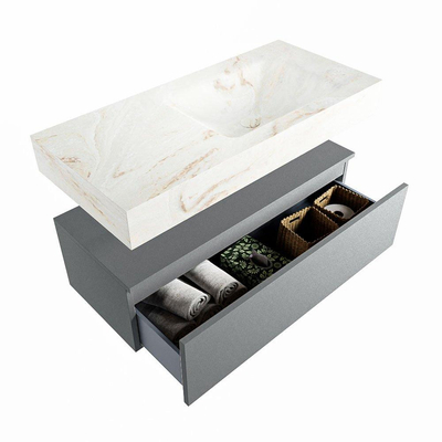 Mondiaz ALAN-DLUX Ensemble de meuble - 100cm - meuble Plata mat - 1 tiroir - Lavabo Cloud Frappe suspendu - vasque Droite - 0 trous de robinet