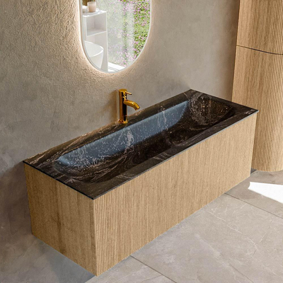 MONDIAZ KURVE-DLUX 120cm badmeubel kleur Oak met 1 lade. Wastafel BIG LARGE midden 1 kraangat kleur Lava.