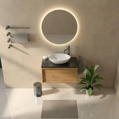 Saniclass Holz Frame Ensemble meuble de salle de bains - 80x45x43cm - plan vasque en basalte Noche poli (noir) - 1 trou de robinetterie - 1 tiroir - chêne natural mat (bois)