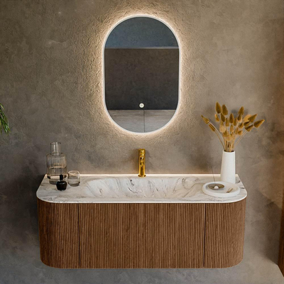 MONDIAZ KURVE-DLUX 120cm Meuble salle de bain avec module 25 G et D - couleur Walnut - 1 tiroir - 2 portes - vasque BIG SMALL centre - 1 trou de robinet - couleur Glace