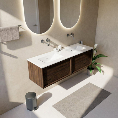 Saniclass Holz Frame Ensemble de meubles de salle de bains - 140x45x42cm - lavabo Vygo en céramique blanc - 2 vasques - sans trous de robinetterie - 2 tiroirs - chêne charcoal brillant (bois)