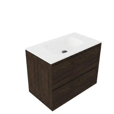 Saniclass Holz Pure Ensemble de meubles de salle de bains - 80x45x61.5cm - lavabo Flow en solid surface blanc - 1 vasque - sans trou de robinetterie - 2 tiroirs - chêne charcoal mat (bois)