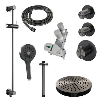 BRAUER Stripe Thermostatische Inbouw Regendouche - SET 12 - 25cm douchekop - plafondarm - 3-standen handdouche - doucheslang - geïntegreerde glijstang - gunmetal geborsteld PVD