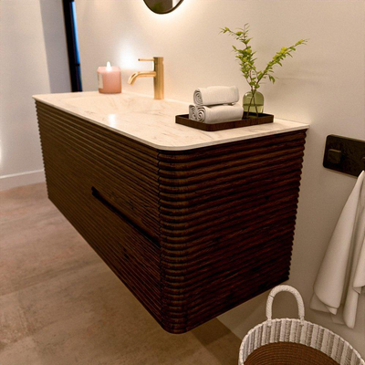 Mondiaz CIRO-DLUX Ensemble de meubles de salle de bains - 120x45x50cm - lavabo solid surface Ostra - 1 vasque à gauche - 1 trou de robinet - 2 tiroirs - Noyer