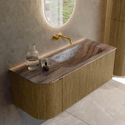MONDIAZ KURVE-DLUX 115cm meuble de salle de bains arrondi Gauche couleur Dusk avec 1 tiroir et 1 porte. Lavabo BIG SMALL Droite sans trou de robinet Oza.