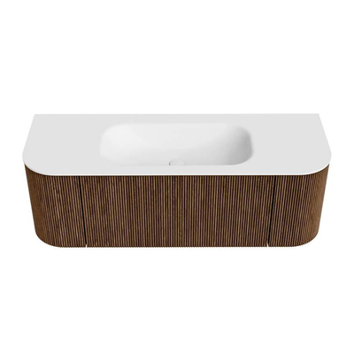 MONDIAZ KURVE 130cm Meuble salle de bain avec module 25 G et D - couleur Walnut - 1 tiroir - 2 portes - vasque BIG SMALL centre - sans trous de robinet - Talc