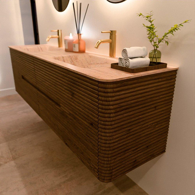Mondiaz CIRO-DLUX Badkamermeubelset - 180x45x50cm - Solid surface wastafel Saba - 2 wasbak Dubbel - 2 kraangaten - 4 lades - Dusk