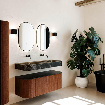 MONDIAZ THOR-DLUX 120cm meuble de salle de bains arrondi gauche + droite couleur Ruby avec 1 tiroir et 2 portes. Vasque suspendue CLOUD Double sans trou de robinet couleur Lava.