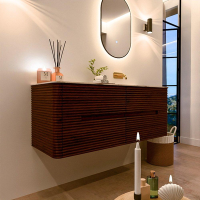 Mondiaz CIRO-DLUX Meuble de salle de bains - 130x45x50cm - Plan vasque solid surface Nata - 1 lavabo à droite - sans trous de robinetterie - 4 tiroirs - Ruby