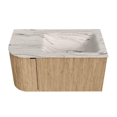 MONDIAZ KURVE-DLUX 85cm badmeubel ronding Links kleur Oak met 1 lade en 1 deur. Wastafel CLOUD Rechts 1 kraangat Nata.