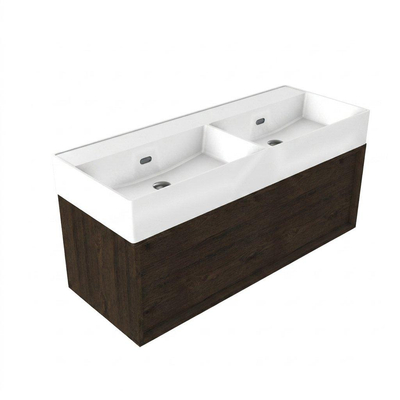 Saniclass Holz Frame Ensemble meuble de salle de bains - 120x45x52cm - Legend lavabo en céramique blanc - 2 vasques - sans trous de robinetterie - 1 tiroir - chêne charcoal mat (bois)