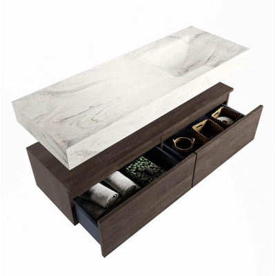 Mondiaz ALAN - DLUX ensemble de meuble de salle de bain - 130cm - meuble sous-vasque - Marron Foncé - 1 tiroir - lavabo suspendu - évier à droite - 0 trous de robinet - Ostra