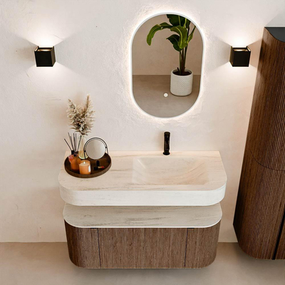 MONDIAZ THOR-DLUX Meuble de salle de bains 110cm arrondi gauche + droite couleur Walnut avec 1 tiroir et 2 portes. Vasque suspendue CLOUD Droite 1 trou de robinet couleur Meli.