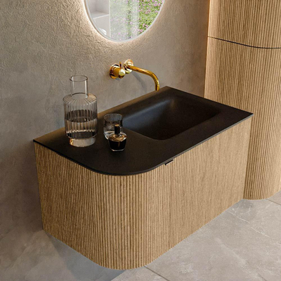 MONDIAZ KURVE 75cm badmeubel met module 25 L kleur Oak met 1 lade en 1 deur. Wastafel GRUNNE rechts zonder kraangat Urban.