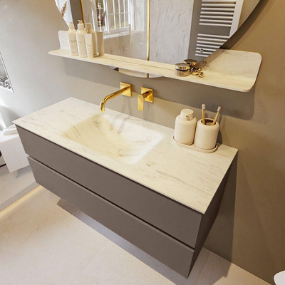 Mondiaz VICA-DLUX ensemble de meuble de salle de bain - 120cm - meuble sous-vasque fumée - 2 tiroirs - lavabo encastré nuage milieu - sans trous de robinet - version haute 60cm - opalo