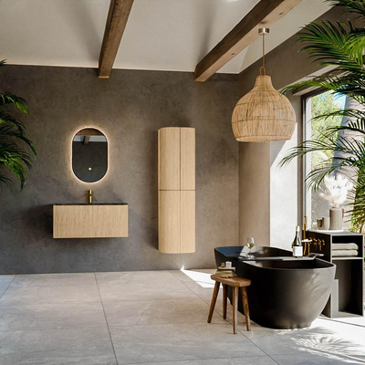 MONDIAZ KURVE-DLUX 90cm Meuble salle de bain - couleur Oak - 1 tiroir - vasque BIG SMALL centre - 1 trou de robinet - couleur Lava