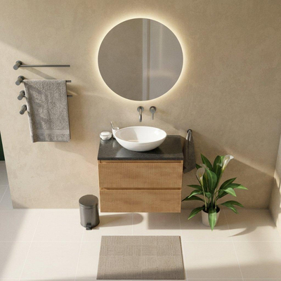 Saniclass Holz Atelier Ensemble meuble de salle de bains - 80x45x63cm - plan vasque en basalte Noche poli (noir) - sans trou de robinetterie - 2 tiroirs - chêne natural mat (bois)