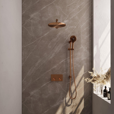 BRAUER Copper Edition Thermostatische Regendouche inbouw - drukknoppen - SET 68 - 30cm hoofddouche - rechte muurarm - 3 standen handdouche - doucheslang - geïntegreerde glijstang - koper geborsteld PVD