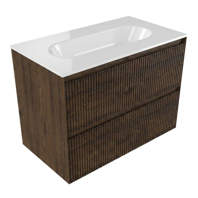Saniclass Holz Atelier Ensemble de meubles de salle de bains - 80x45x73.9cm - Vasque Chaci en céramique blanc - 1 vasque - 1 trou de robinetterie - 2 tiroirs - chêne charcoal mat (bois)