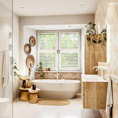 MONDIAZ VICA meuble sous lavabo 120cm Chêne blanchi 2 tiroirs. Lavabo CLOUD double 2 trous de robinet, couleur Talc.