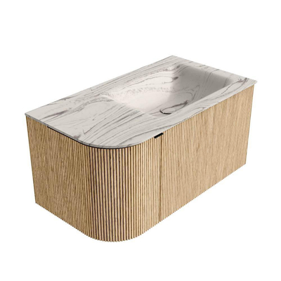 MONDIAZ KURVE-DLUX 85cm badmeubel ronding Links kleur Oak met 1 lade en 1 deur. Wastafel CLOUD Rechts zonder kraangat Nata.