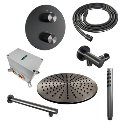 BRAUER Gunmetal Carving inbouw regendoucheset – Ø30 cm hoofddouche – rechte wandarm – staafhanddouche – 3-weg