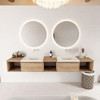 MONDIAZ BUKLA Meuble de salle de bains 240cm avec module ouvert 40 L+M+R couleur Chêne blanchi avec 2 tiroirs. Lavabo CLOUD double 0 trous de robinet couleur Talc.